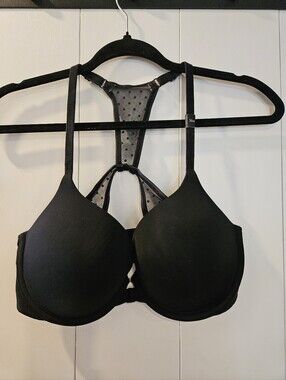 Victoria's Secret Black Racerback T-Shirt Bra with Sheer Polka Dot Back 36D